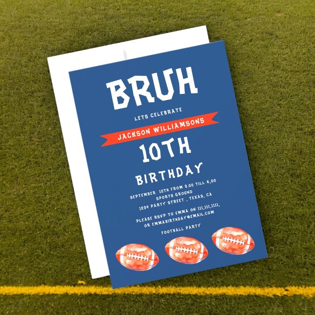 Menino 10o Convite de Aniversário, gíria moderna,  (modern football boys birthday invitation , with the slogan bruh lets celebrate , fully personalized )