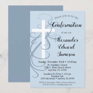 Menino azul do convite da confirmação da cruz do