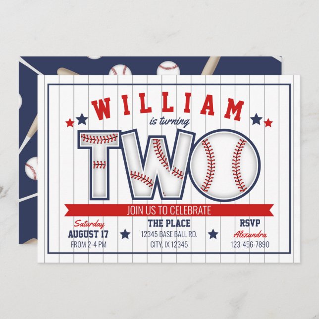 Menino Baseball Segundo Convite de Aniversário (Frente/Verso)