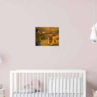 Menino Brincando de Buscar com Cachorro Poster de 