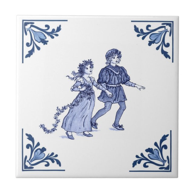 Menino e Menina Antigos Delft Azul e Branco (Frente)