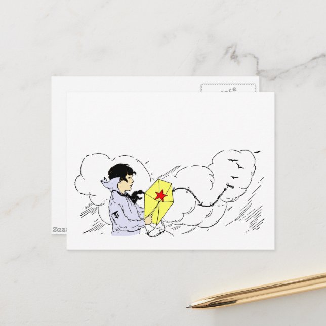 Menino Voando Pipa Arte Vintage Cartão Postal (Frente/Verso In Situ)