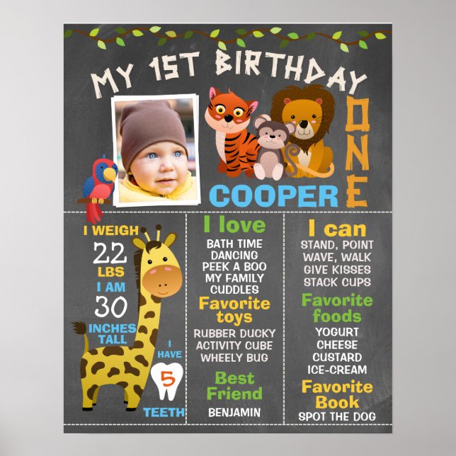 Meninos Chalkboard Safari Themed Milestone Poster (Frente)