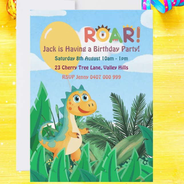 Meninos Fofo Convite para Aniversário de criança M (Cute Dinosaur Birthday Invitation – Personalized Roarsome Party Invite for Kids)