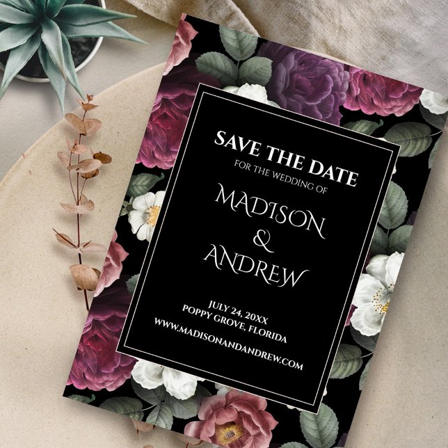 Meninos Modernos e Borgonhas Salvem a Data (Modern Black and Burgundy Peonies Save the Date on neutral plate)