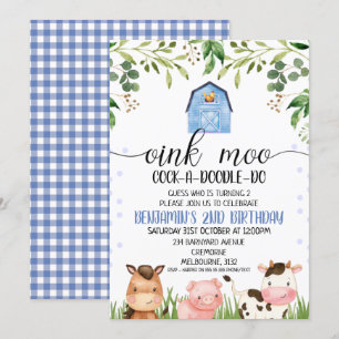 Meninos Oink Moo Farm Animais Convite de Aniversá