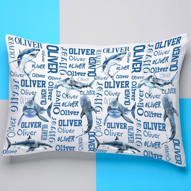 Meninos personalizados dão nome ao travesseiro de  (shark themed gifts for boys personalized name collage with sharks pillow case)