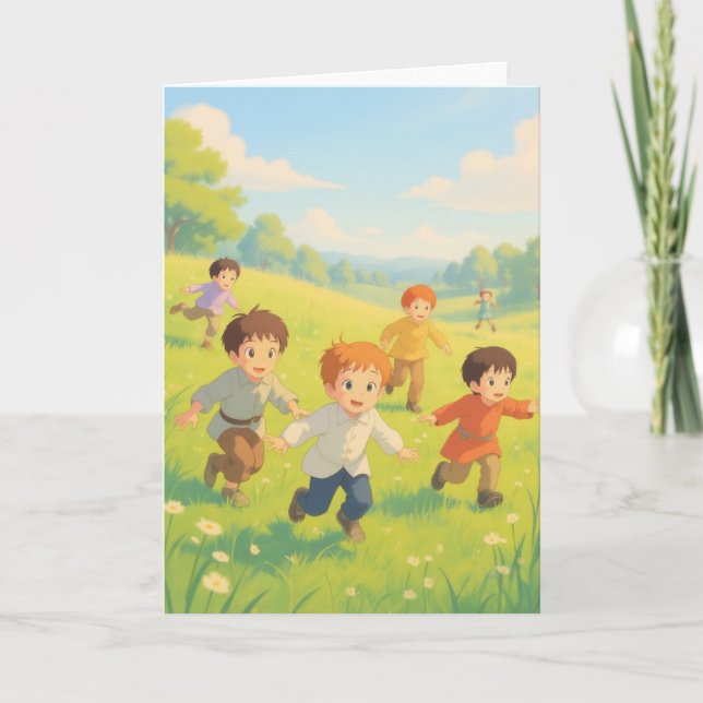 Meninos tocando cartão de etiqueta (Frente)