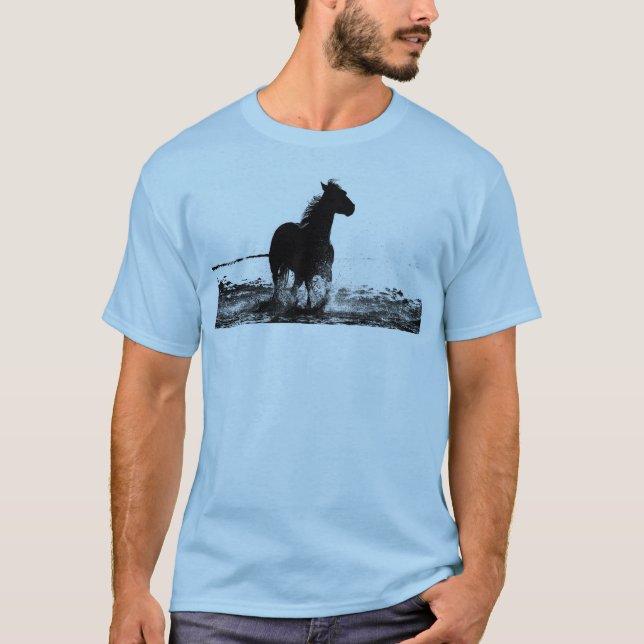 Mens T Camisas Correndo Pop De Cavalo Azul Claro (Frente)