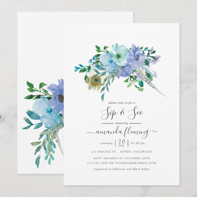 Menta e Floral Boho em Aquarela Azul Convite Sip a (Frente/Verso)