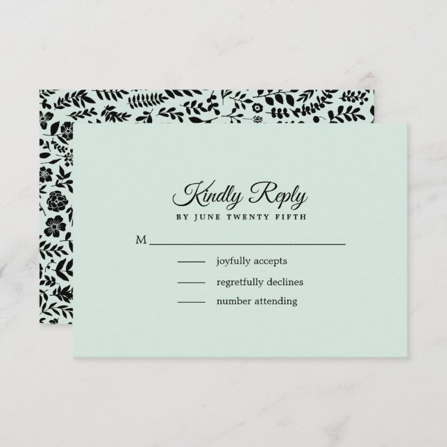 Menta | Placa RSVP de Casamento Floral Preto (Frente/Verso)