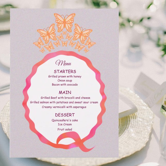 Menu 15th Birthday Quinceanera Butterfly Crown Squiggle (Criador carregado)