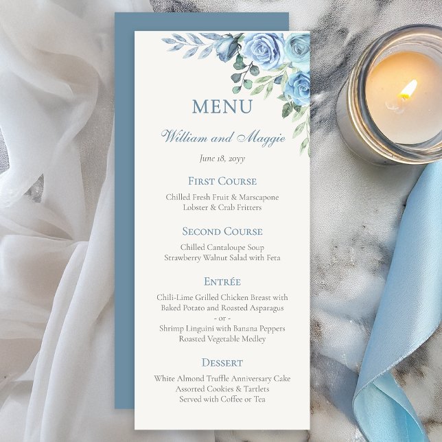 Menu 25º Aniversário de Casamento Azul Floral Elegante (Elegant blue floral 25th anniversary menu card for formal dinner settings)