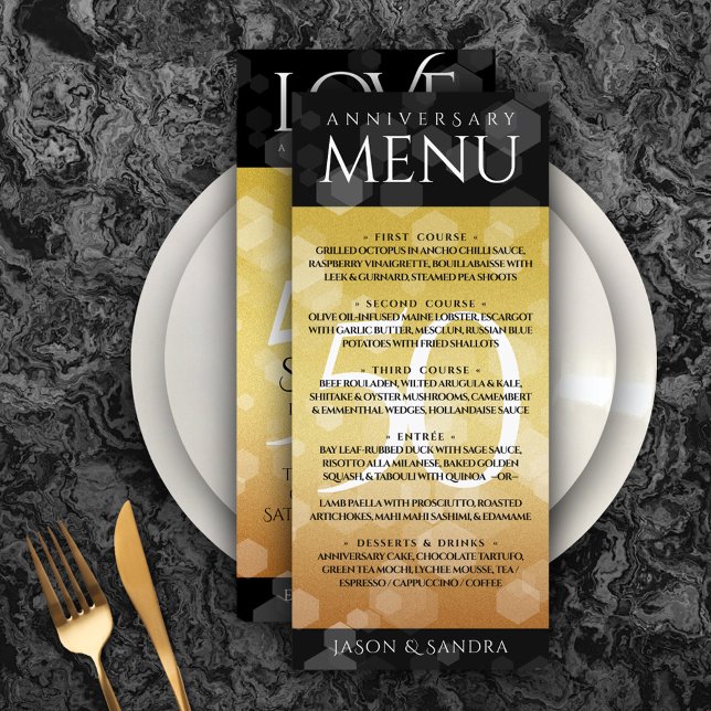 Menu 50º aniversário de casamento do Ouro Elegante (Elegant 50th Golden Wedding Anniversary Menu Rack Card Cover Photo.)