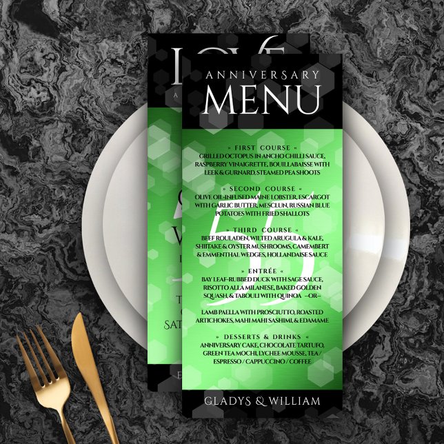 Menu 55.º aniversário do Casamento Emerald (Elegant 55th Emerald Wedding Anniversary Menu Rack Card Cover Photo.)