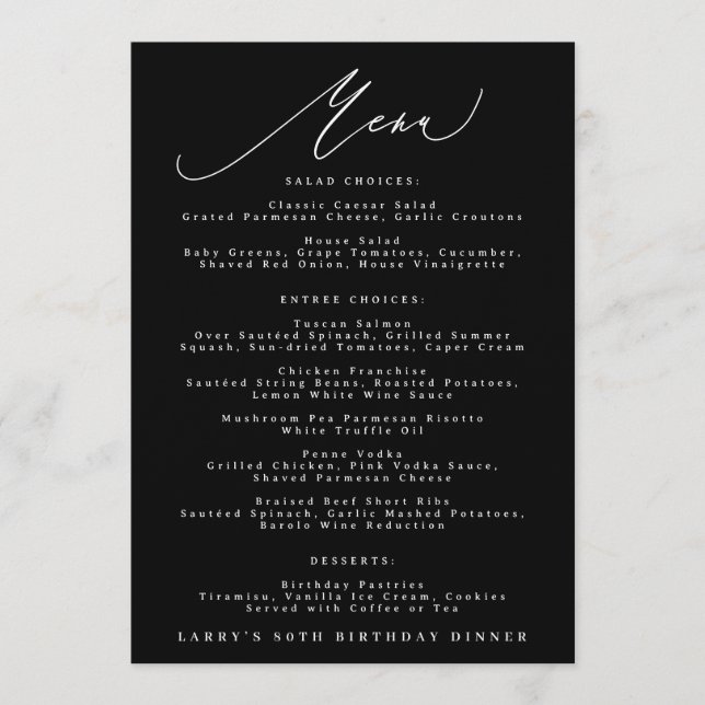 Menu 5 x 7 Clássico Preto Branco Caligrafia Aniversário (Frente)