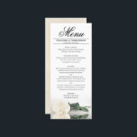 Menu A Elegante Ivory White Rose com Casamento de Refle<br><div class="desc">Este belo menu irá adicionar algum estilo à sua recepção de casamento. Apresenta um belo e romântico design com um marfim solteiro, branco ou rosa colorido de creme, deitado do lado, refletindo numa piscina de água com ondas e ondulações. Há espaço para os nomes do casal e da data do...</div>