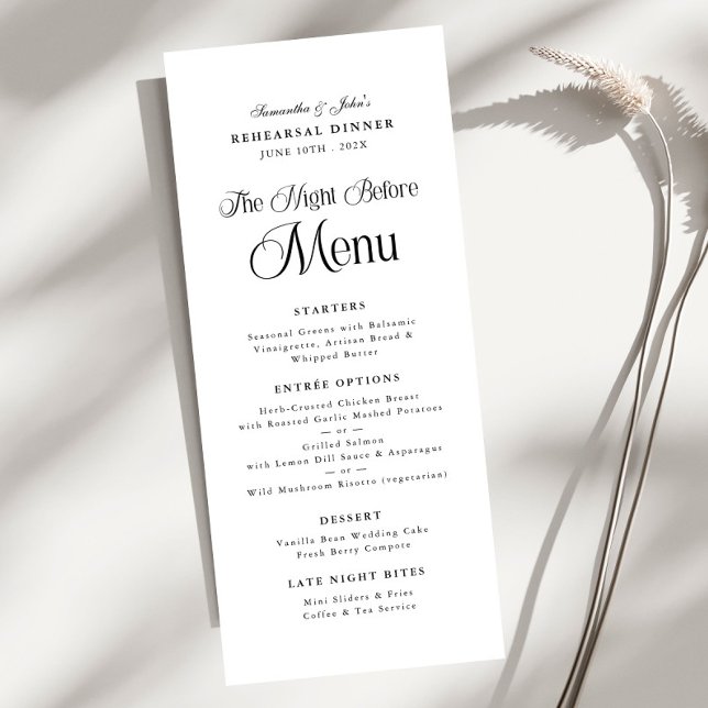 Menu A Noite Antes do Jantar de Ensaios Moderno e Elega (Criador carregado)