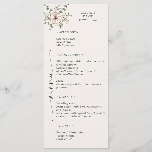 Menu Abóbora Aquarela Rústica Eucalipto Casamento de Ou (Frente)