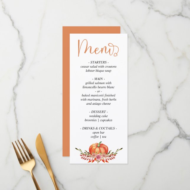 Menu Abóbora de outono moderno, cardápio de casamento (Frente/Verso In Situ)