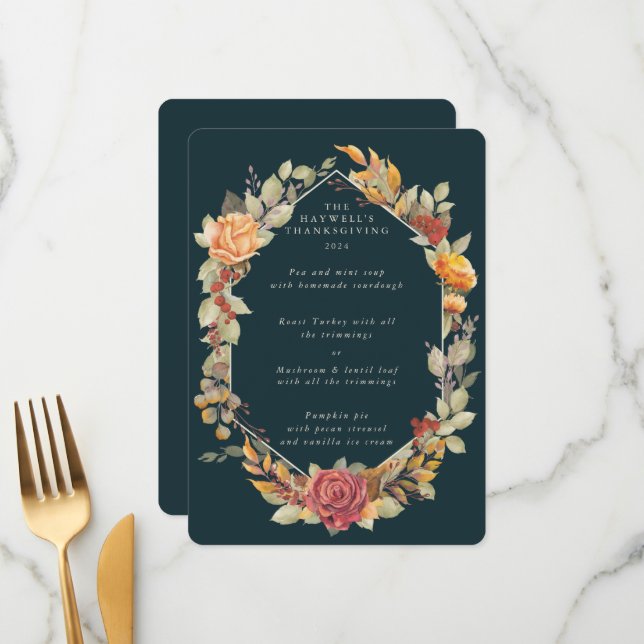 Menu Ação de Graças Frame Floral Flat 3 Curso (Frente/Verso In Situ)