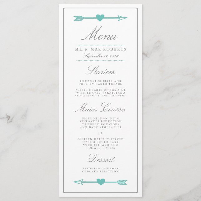 Menu Adorável Arrows Janto de Casamento / Teal & Cinza (Frente)
