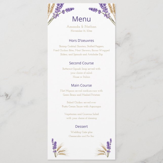 Menu Adorável Casamento de Lavandas e Trigo (Frente)