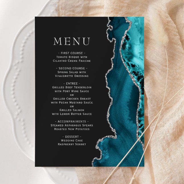 Menu Ágata Azul Turquesa Casamento Escuro Prata (Criador carregado)