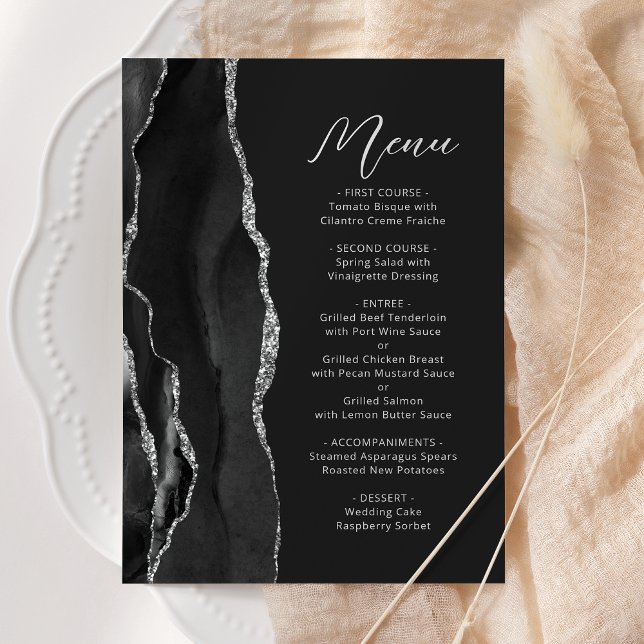Menu Ágata Preta Escrita Moderna Prata Casamento Escuro (Criador carregado)