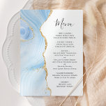 Menu Agate Geode Baby Blue Glitter Casamento Dourado<br><div class="desc">A borda esquerda deste elegante cardápio moderno de casamento mostra um bebezinho azul de aquarela agata bordado com falso brilho dourado. O texto personalizável combina o script de escrita manual e as fontes de impressão em cinzas de carvão em um fundo branco. O verso apresenta um design de agate dourado...</div>