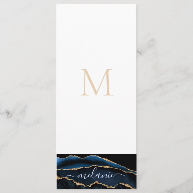 Menu Agate Marinho Blue Gemstone Marble Monograma Nome (Frente)