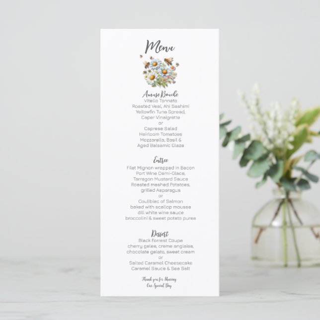 Menu Água-forte Flores Silvestres Abelha Casamento  (Em pé/Frente)