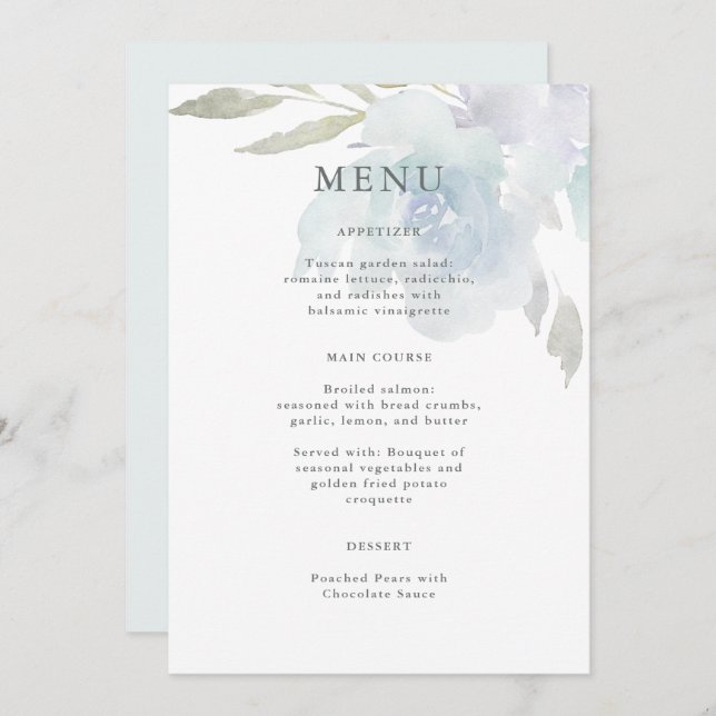 Menu Airy Blue Floral Quinceanera (Frente/Verso)