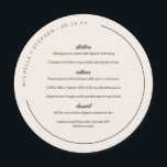 Menu Alabastro & Brown Curvada Names Round<br><div class="desc">Cardápio redondo de casamento em alabastro branco com fontes modernas e marrons, e seus nomes e data de casamento em um texto curvo ao longo da borda do cardápio redondo de casamento. Decorre as placas no seu casamento com este cardápio redondo esbranquiçado com fontes castanho-escuras personalizadas com iniciantes, entradas, sobremesa...</div>