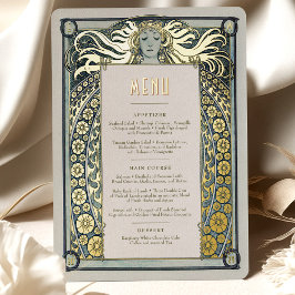 Menu Alphonse Mucha, Arte Dourada Azul Dusty