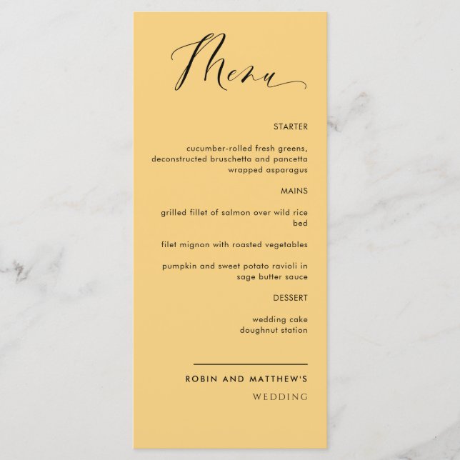 Menu Amarelo Elegante, Casamento Calliográfico / Recepç (Frente)