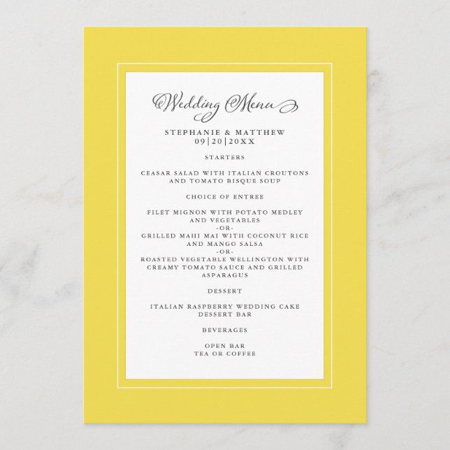 Menu Amarelo Iluminado Casamento Moderno Bordas Chic (Frente)