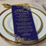 Menu Amigos de Ouro Elegante no Casamento Azul Marinho<br><div class="desc">Este belo menu irá adicionar algum estilo à sua recepção de casamento. Ele apresenta um belo design com caracóis de folha de alumínio e espirais em um fundo azul marinho. Há espaço para os nomes do casal e da data do casamento, e o texto é totalmente personalizável. Elegante, elegante, e...</div>
