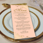 Menu Amigos de Ouro Elegante no Casamento de Pêssego Co<br><div class="desc">Este belo menu irá adicionar algum estilo à sua recepção de casamento. Apresenta um belo design com ornamentado de caramujos de folha falsa e espirais num fundo cor de laranja ou de pêssego de coral. Há espaço para os nomes do casal e da data do casamento, e o texto é...</div>