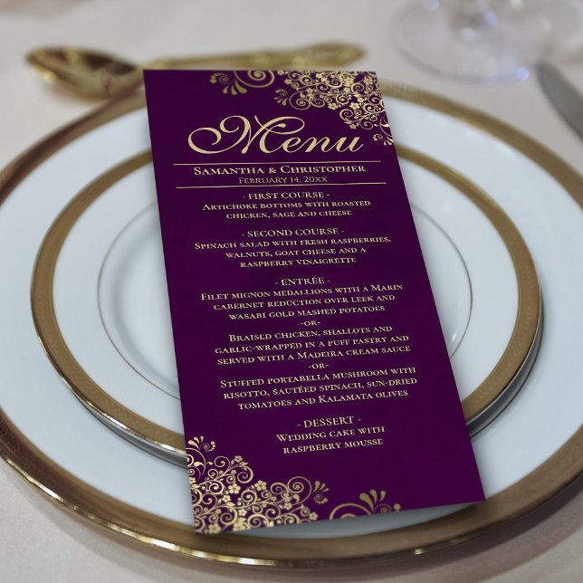 Menu Amigos de Ouro Elegante no Casamento Púrpura de am (On Plate)