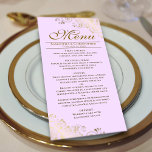 Menu Amigos de Ouro Elegante no Casamento Roxo Lilac<br><div class="desc">Este belo menu irá adicionar algum estilo à sua recepção de casamento. Apresenta um belo design com ornamentado de caramujos de folha falsa e espirais num fundo púrpura púrpura pálido. Há espaço para os nomes do casal e da data do casamento, e o texto é totalmente personalizável. Classy, na moda...</div>