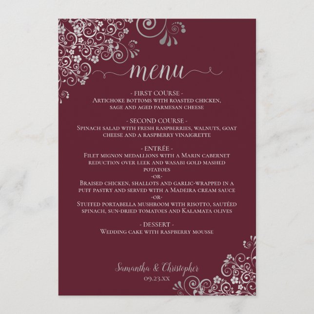 Menu Amigos de renda prateada elegantes no casamento da (Frente)