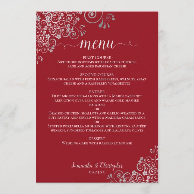 Menu Amigos de renda prateada elegantes no Casamento Ve (Frente)