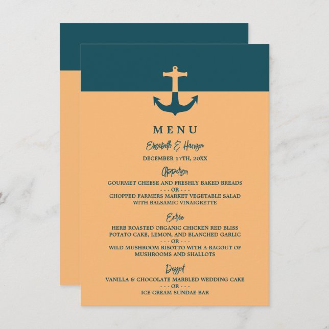 Menu Âncora Náutica - Azul-Coral - Casamento de Praia (Frente/Verso)