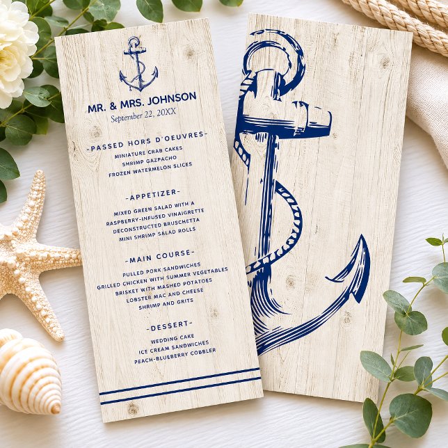 Menu Âncora Náutica Marinha Casamento Rústico em Madeir (Continue your wedding theme with these nautical anchor programs that will complement your wedding.)