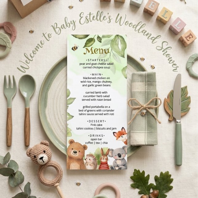 Menu Animais Fofos da Floresta Aguarela Chá de Bebê (Criador carregado)