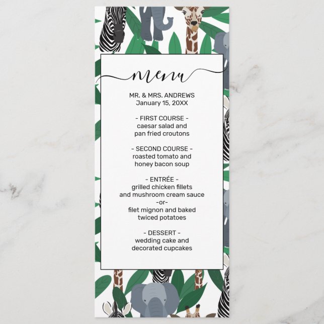 Menu Animais Safari do Elefante Girafa-Zebra Selva (Frente)