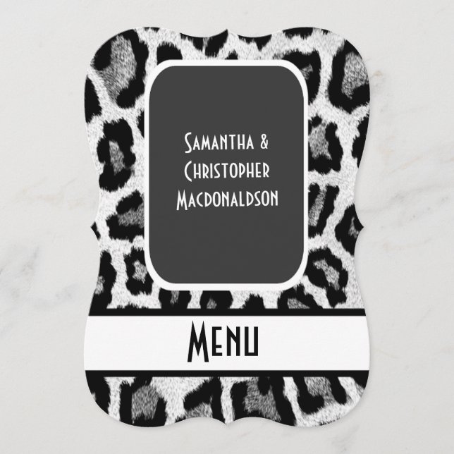 Menu animal preto e branco do casamento do (Frente)