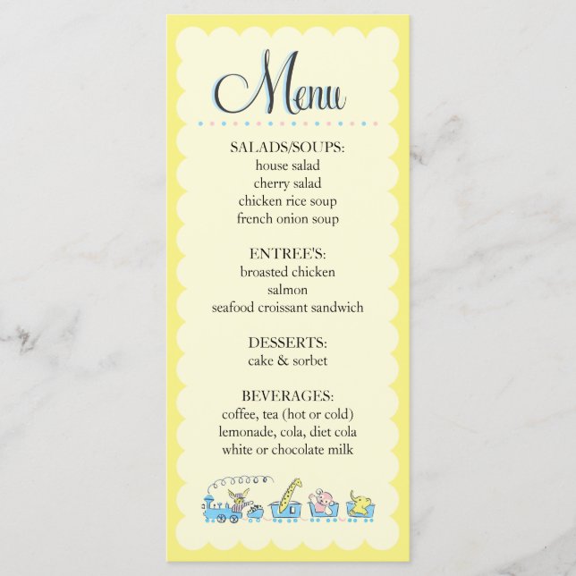 Menu animal retro do chá de fraldas do trem | (Frente)