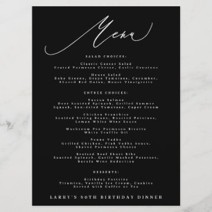 Menu Aniversário Caligrafia Preto Branco Clássico